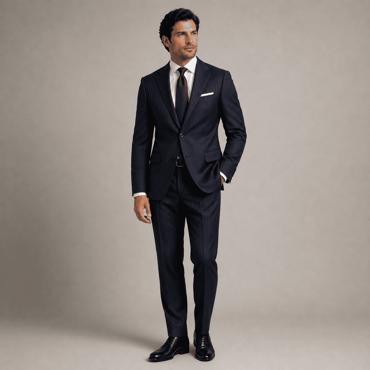 Full-body view of a man wearing a tailored navy pinstripe business suit with a crisp white dress shirt, burgundy silk tie, black Oxford shoes, and white pocket square, showcasing premium custom tailoring and executive men's formalwear.