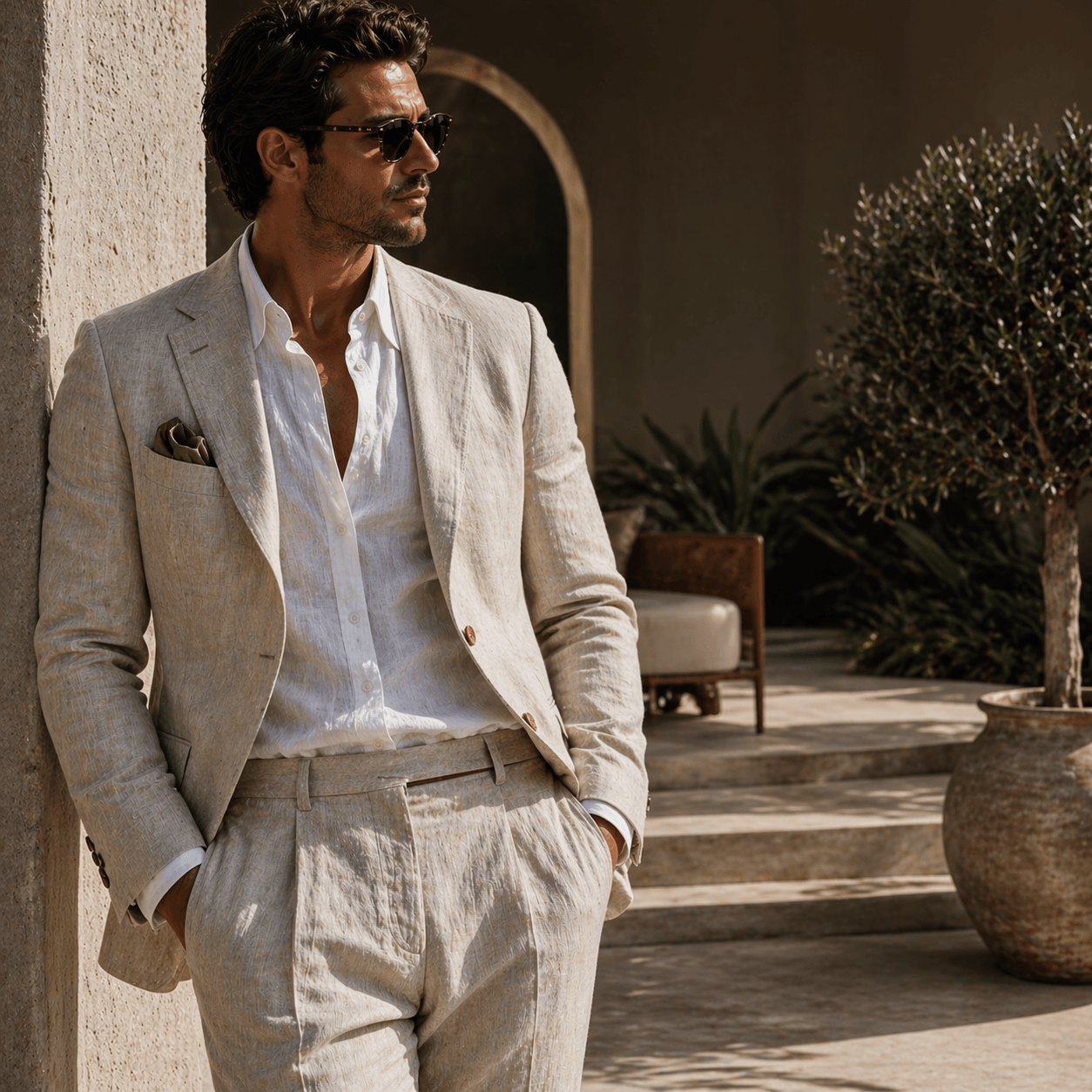Stylish man wearing a tailored beige linen suit with open-collar white shirt and sunglasses, showcasing luxury summer menswear and elegant resort wedding fashion in a sophisticated Mediterranean-inspired outdoor setting.

