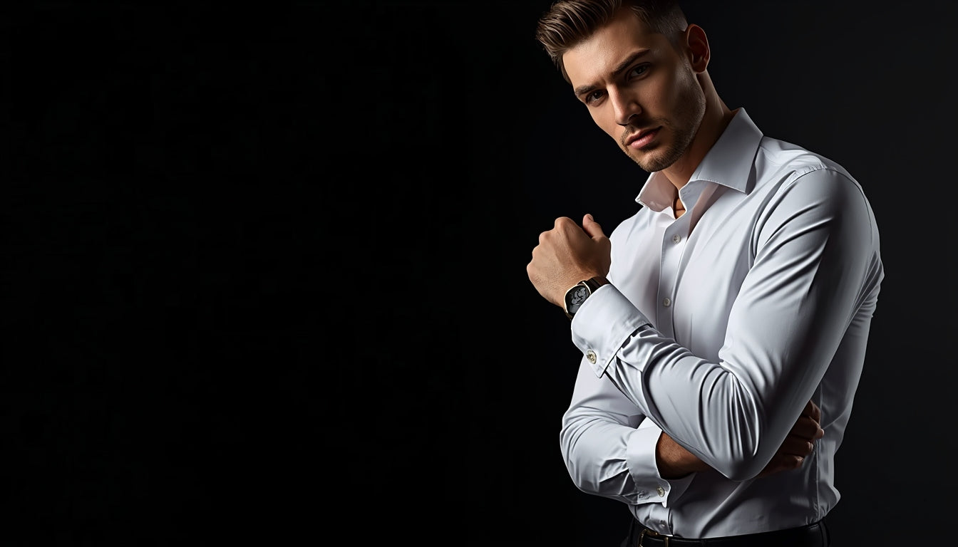 Man wearing white dress shirt formal minimal menswear studio portrait