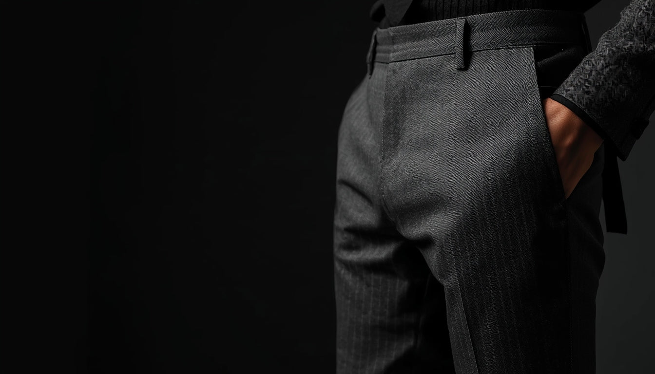 Close up of tailored grey dress pant high waist formal menswear fit detail