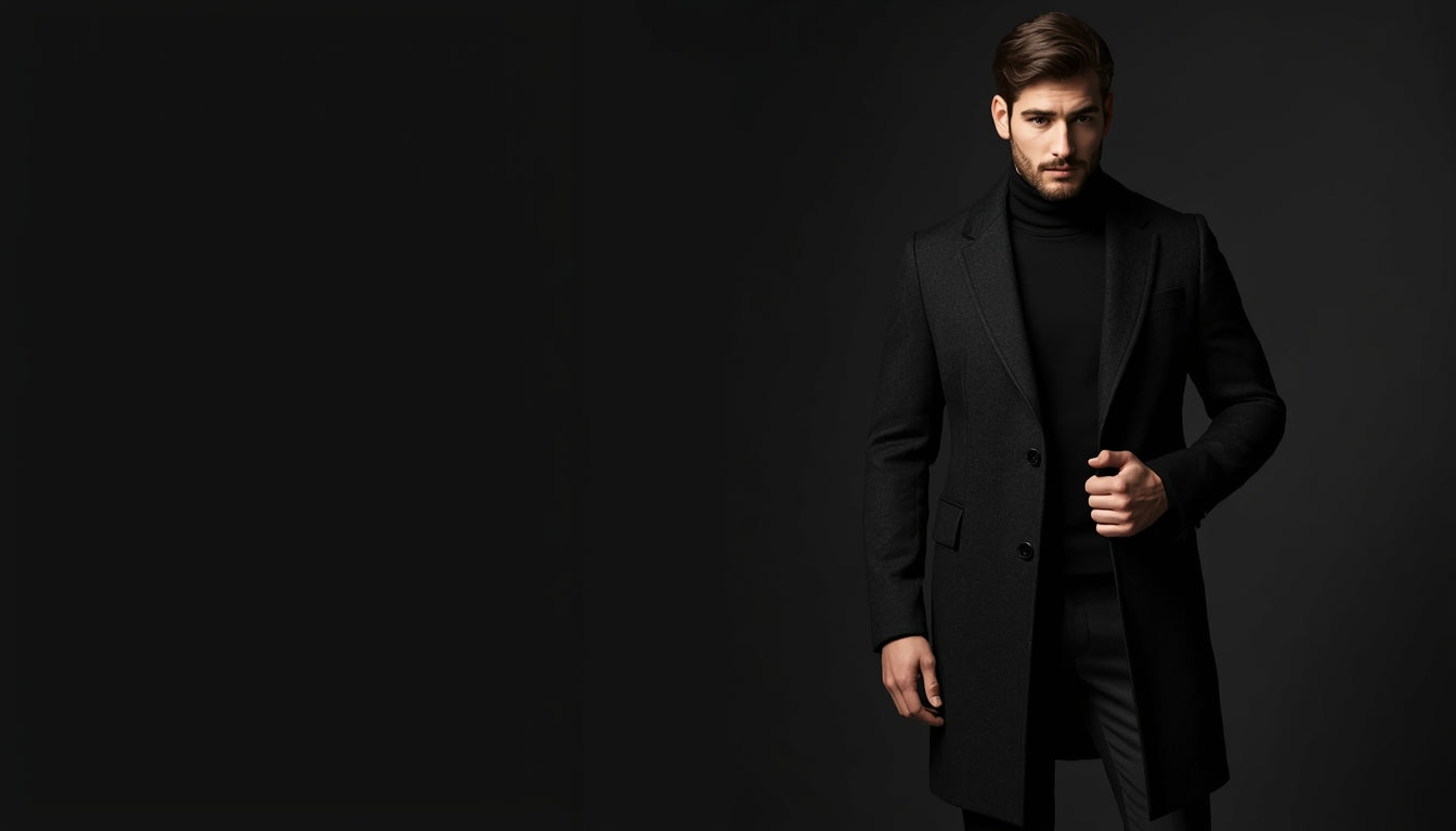 Man wearing black overcoat with turtleneck modern minimal formal menswear