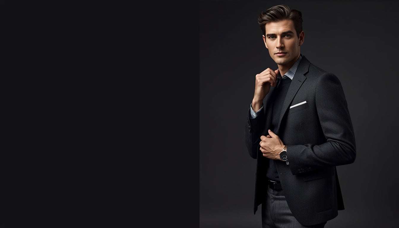 Man wearing dark blazer with turtleneck smart casual formal menswear style
