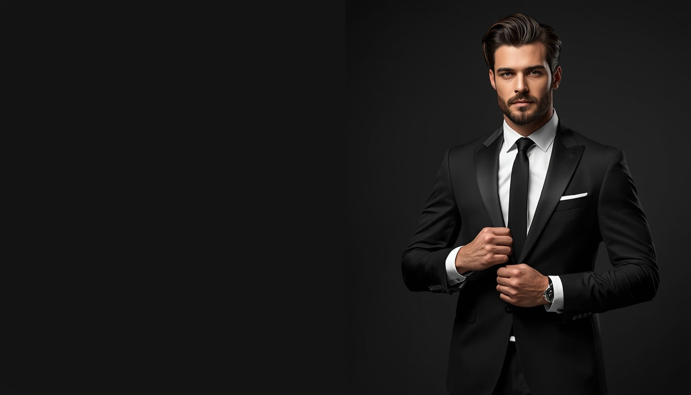 Man wearing black suit with tie formal business attire elegant menswear