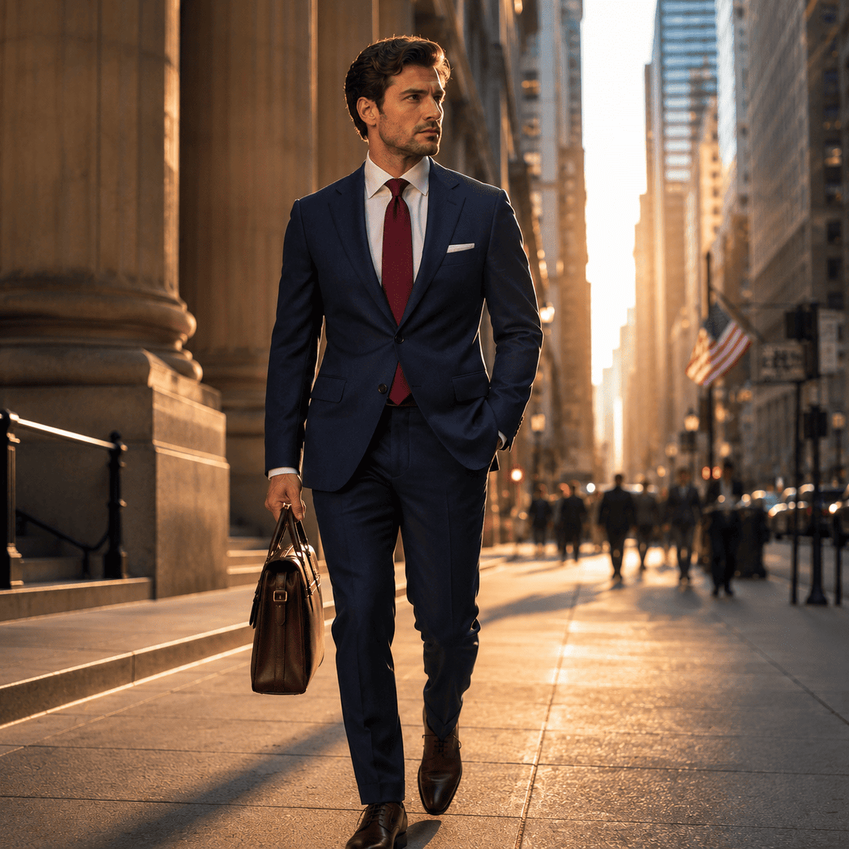 Professional businessman wearing a tailored dark blue plain suit with a burgundy silk tie, white dress shirt, and brown leather Oxford shoes while walking through a financial district, showcasing luxury custom tailoring and executive business style.