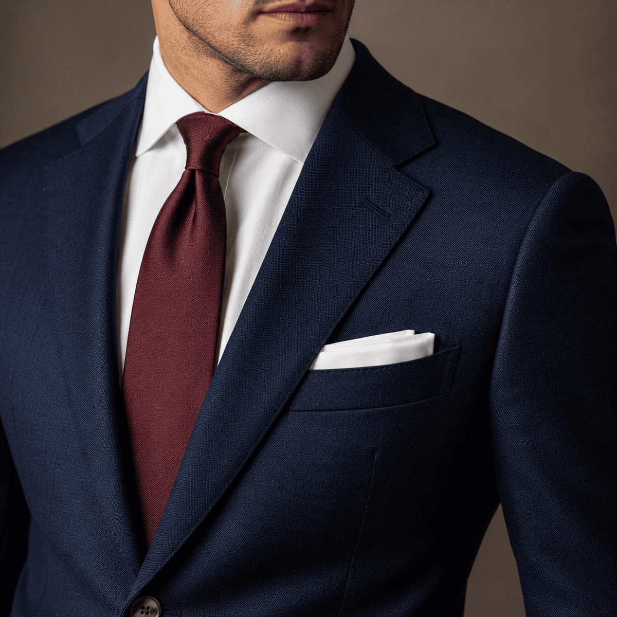 Close-up of a tailored dark blue plain suit featuring a crisp white dress shirt, burgundy silk tie, notch lapels, and a white pocket square, showcasing premium custom tailoring and luxury men's formalwear.