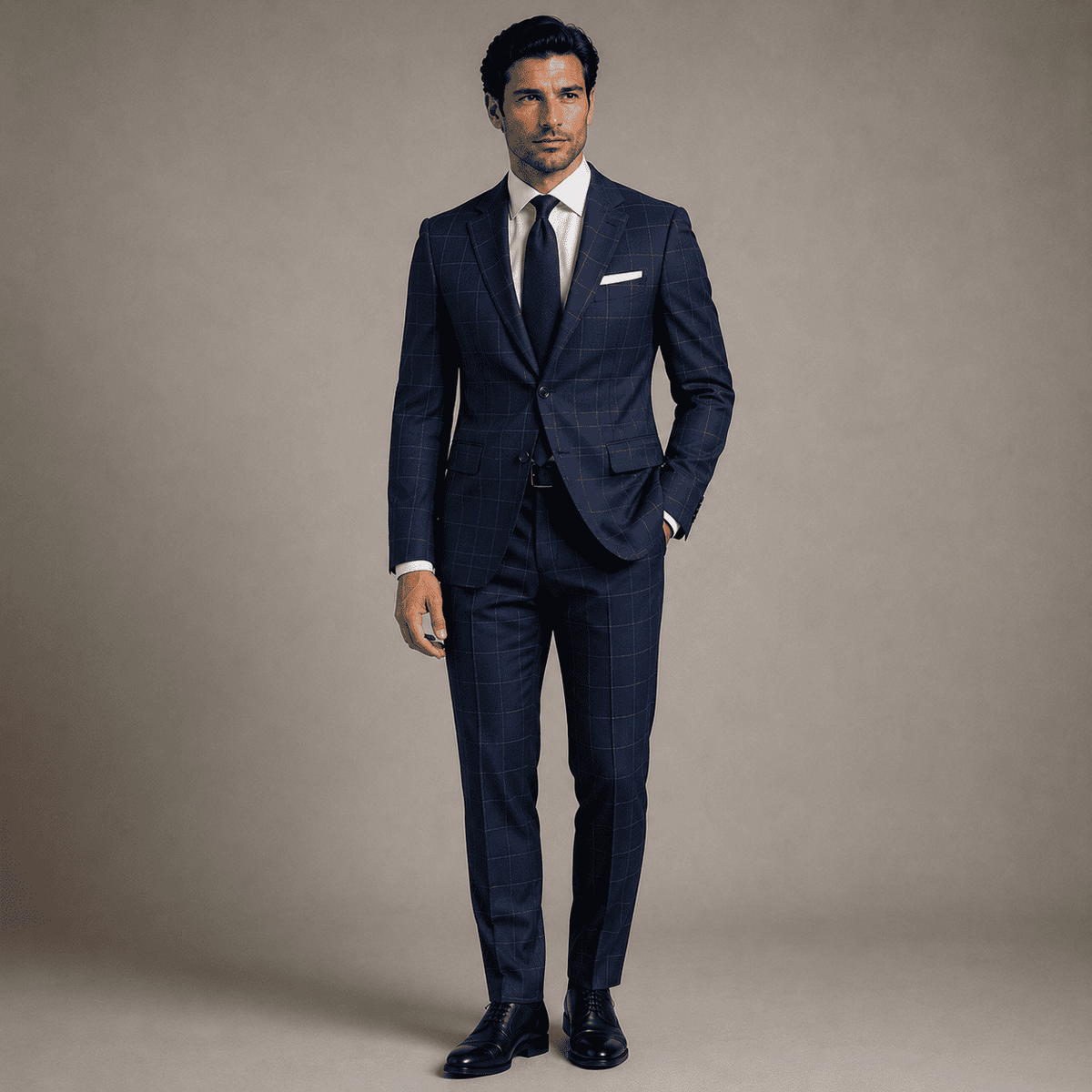 Full-body view of a man wearing a tailored blue windowpane check business suit with a white dress shirt, navy tie, black Oxford shoes, and a modern slim-fit silhouette.