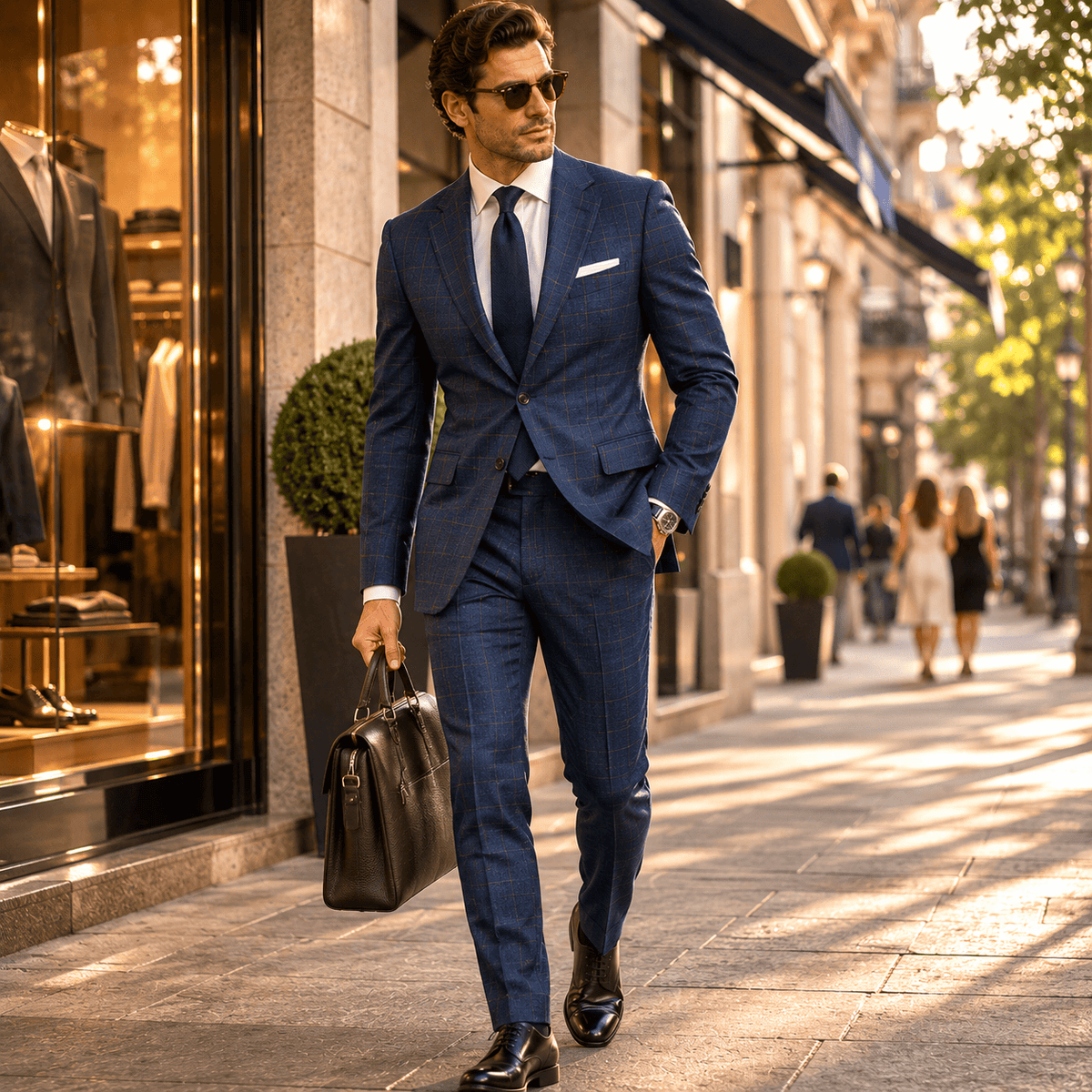 Man wearing a tailored blue windowpane check business suit with a white dress shirt, navy tie, black Oxford shoes, sunglasses, and a leather briefcase while walking through a luxury shopping district.