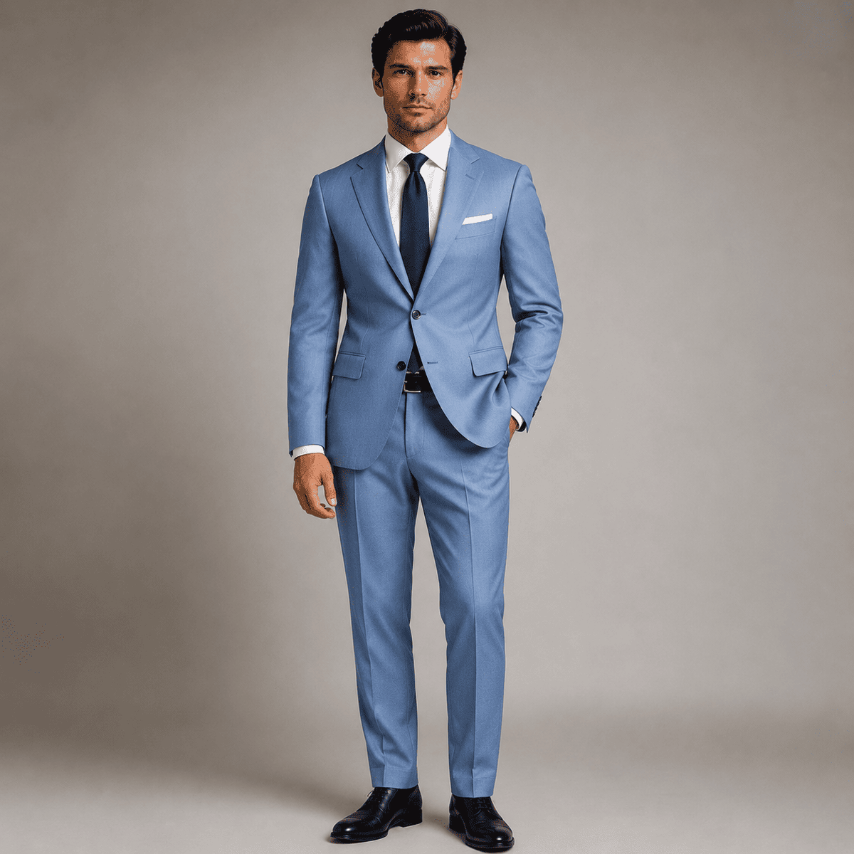 Full-body view of a man wearing a tailored light blue plain suit with a crisp white dress shirt, navy silk tie, white pocket square, and black Oxford shoes, showcasing premium custom tailoring and luxury men's formalwear.