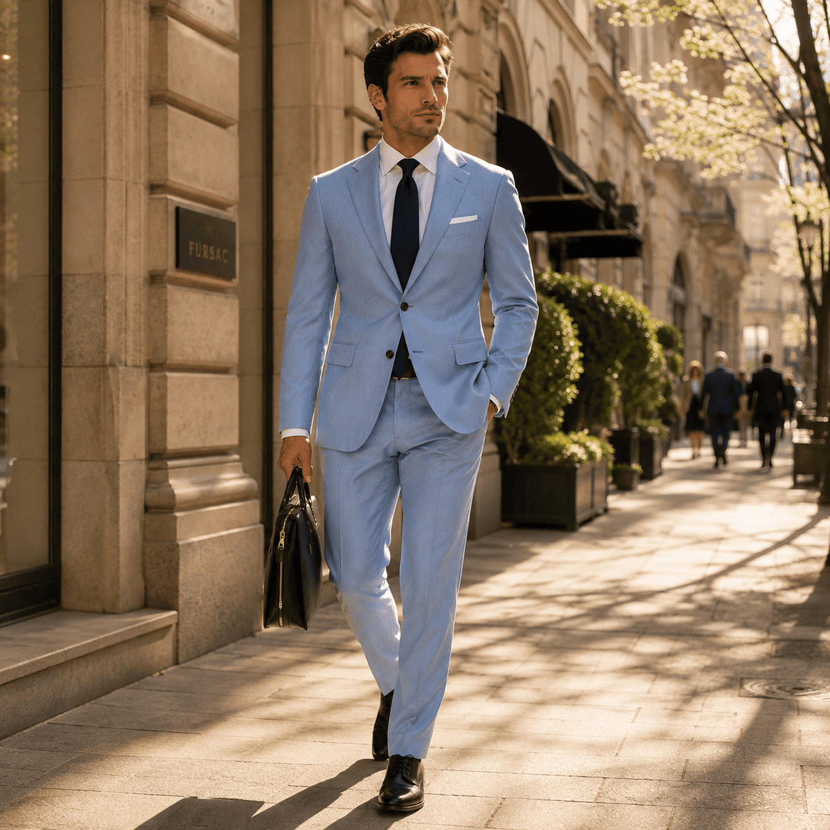 Man wearing a tailored light blue plain suit with a white dress shirt, navy silk tie, black Oxford shoes, and leather briefcase while walking through an upscale city street, showcasing premium custom tailoring and luxury business attire.