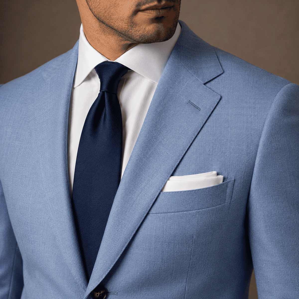 Close-up of a tailored light blue suit featuring a crisp white dress shirt, navy silk tie, notch lapels, and white pocket square, showcasing premium custom tailoring and luxury men's formalwear.