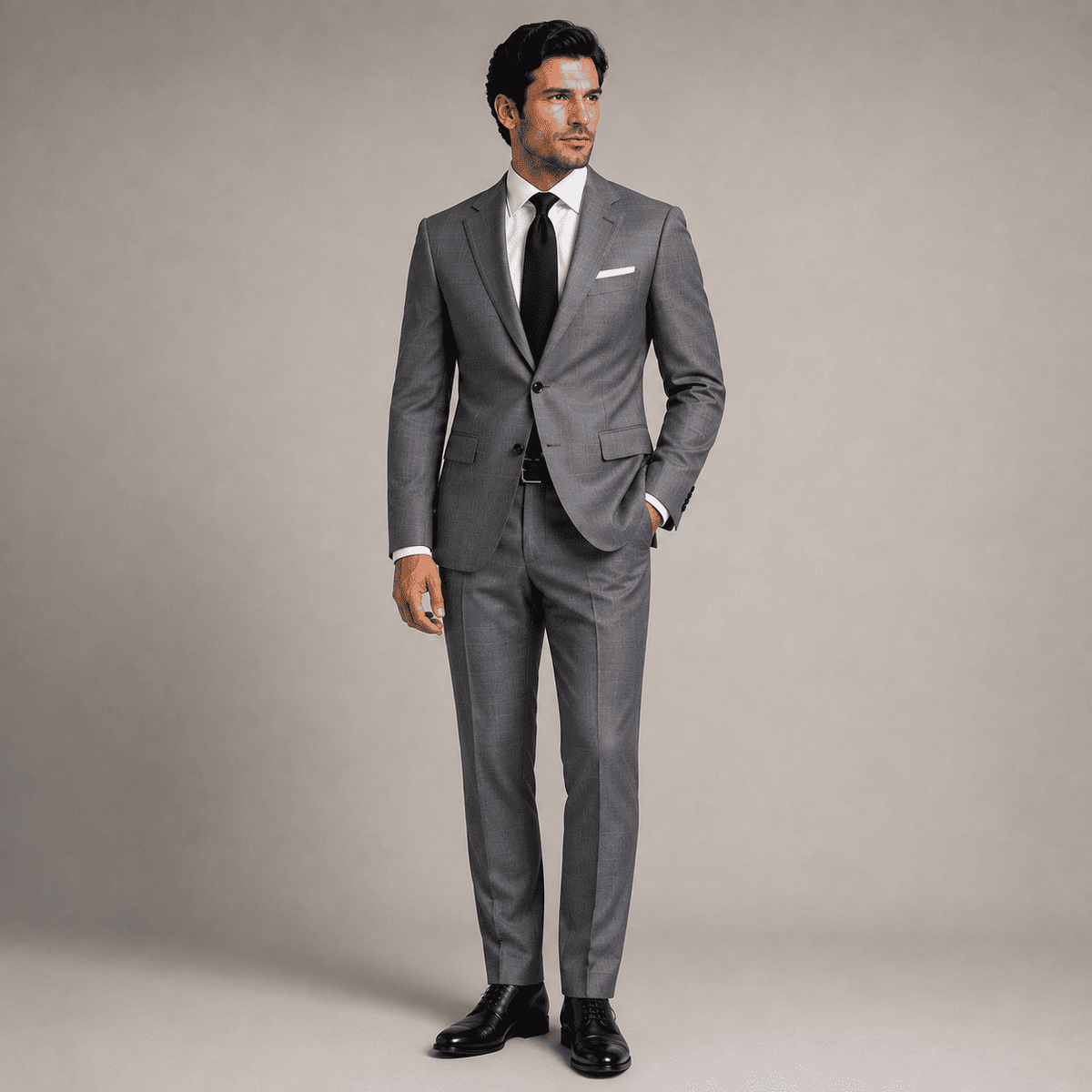 Full-body view of a man wearing a tailored gray business suit with a crisp white dress shirt, black silk tie, white pocket square, and polished black Oxford shoes, showcasing premium custom tailoring and executive men's formalwear.
