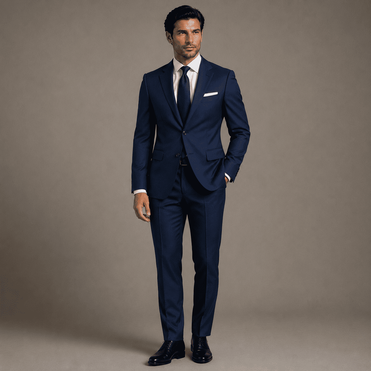 Full-body view of a man wearing a tailored navy blue business suit with a white dress shirt, navy tie, black Oxford shoes, and a modern slim-fit silhouette for professional executive style.
