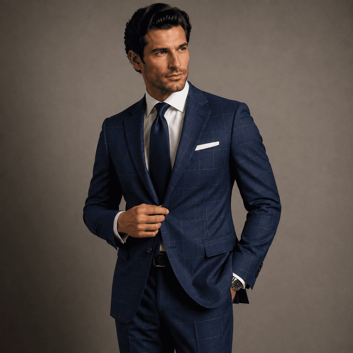 Man wearing a tailored blue windowpane check business suit with a white dress shirt, navy tie, white pocket square, and luxury executive styling against a neutral studio background.