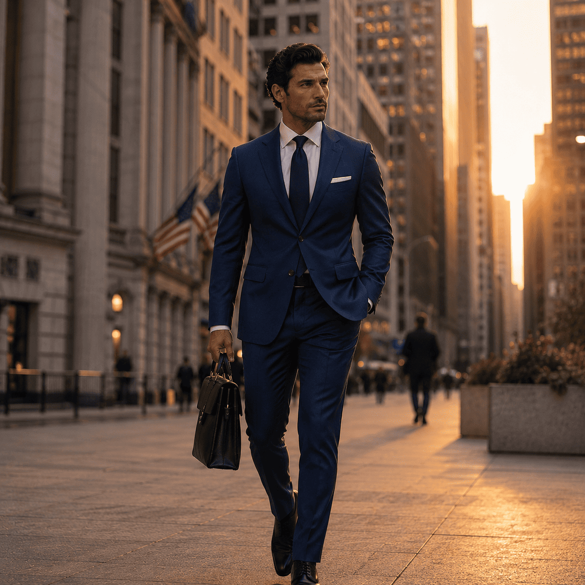 Man wearing a tailored navy business suit with a white dress shirt, navy tie, black Oxford shoes, and leather briefcase while walking through a modern city business district at golden hour.