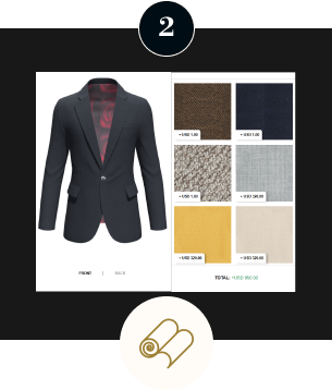 Digital suit configurator showing custom blazer design options, fabric selection swatches, and personalized tailoring features for bespoke men's clothing.